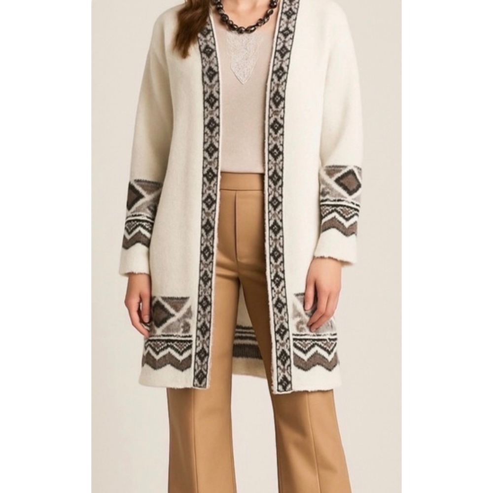 Cream Knit Southwestern Boho Long Cardigan Sm whimsi Aztec cozy western sweater